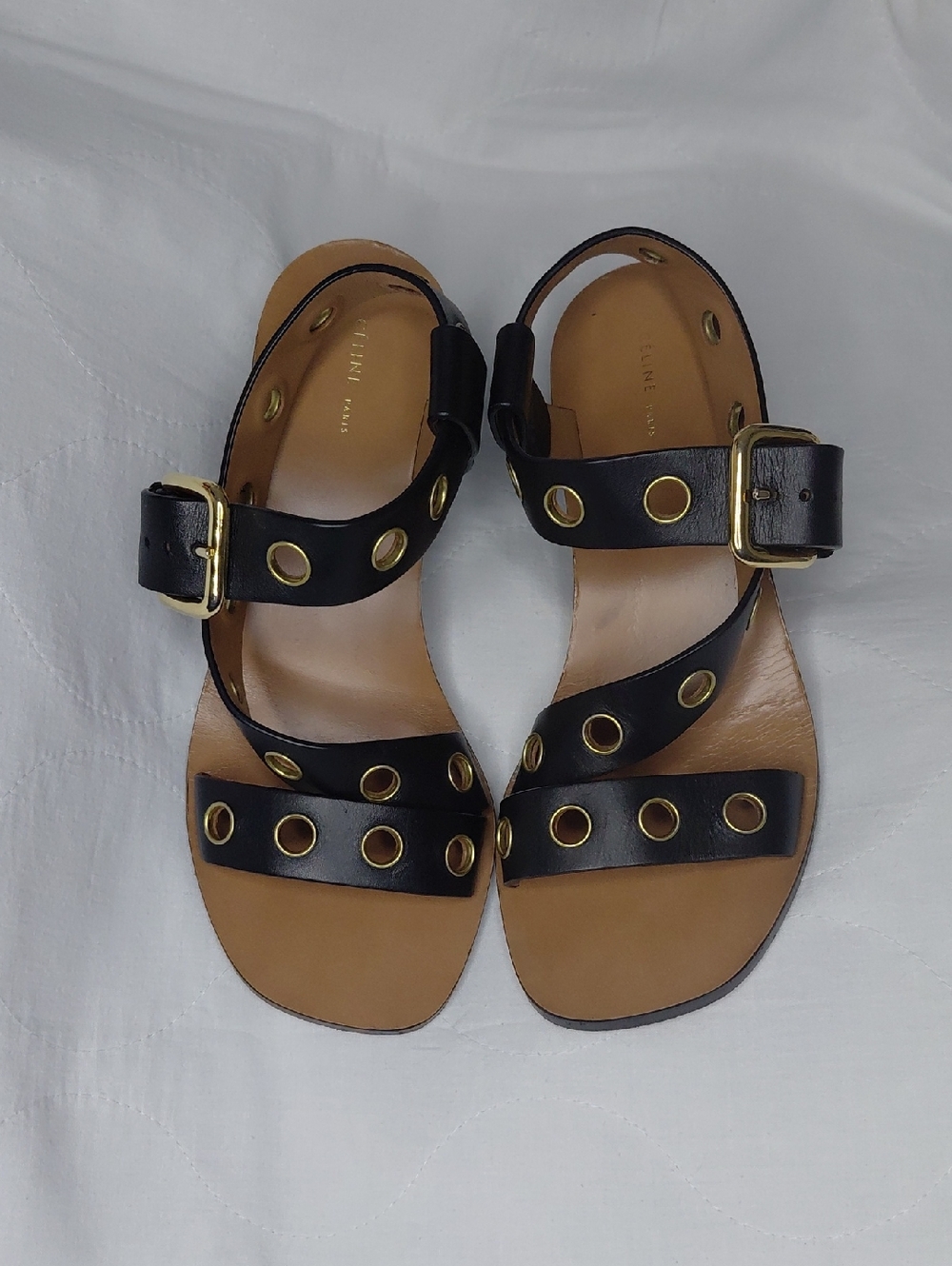 Celine Paris Black Leather Eyelet Strap Women's Sandals Sz 37 US 7